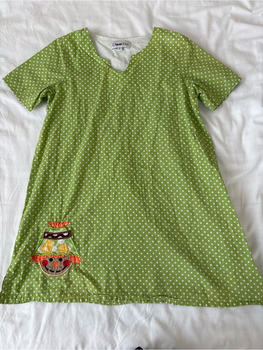 Lolly Wolly Doodle Lime Green Polka Dot Casual Dress with Embroidered Patch